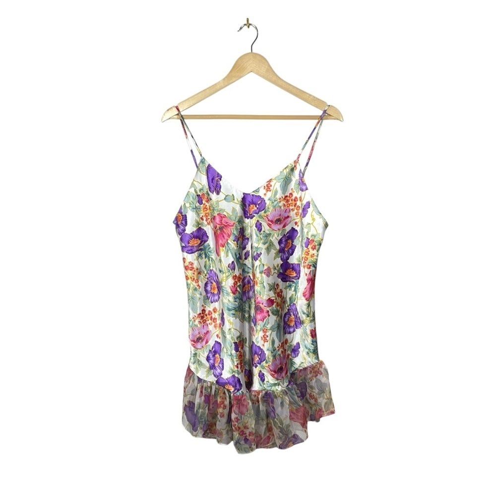 VINTAGE Satin Floral Ruffle Mini Slip Dress in White/Pink/Purple OS